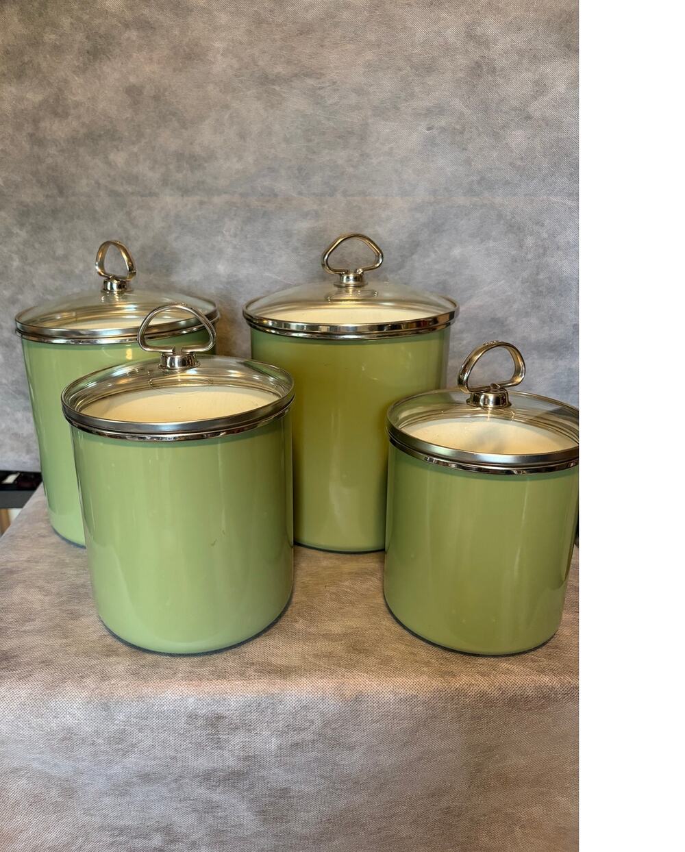 Vintage Chantal 4pc Enamel Steel Canister Set Sage Green Glass Lids